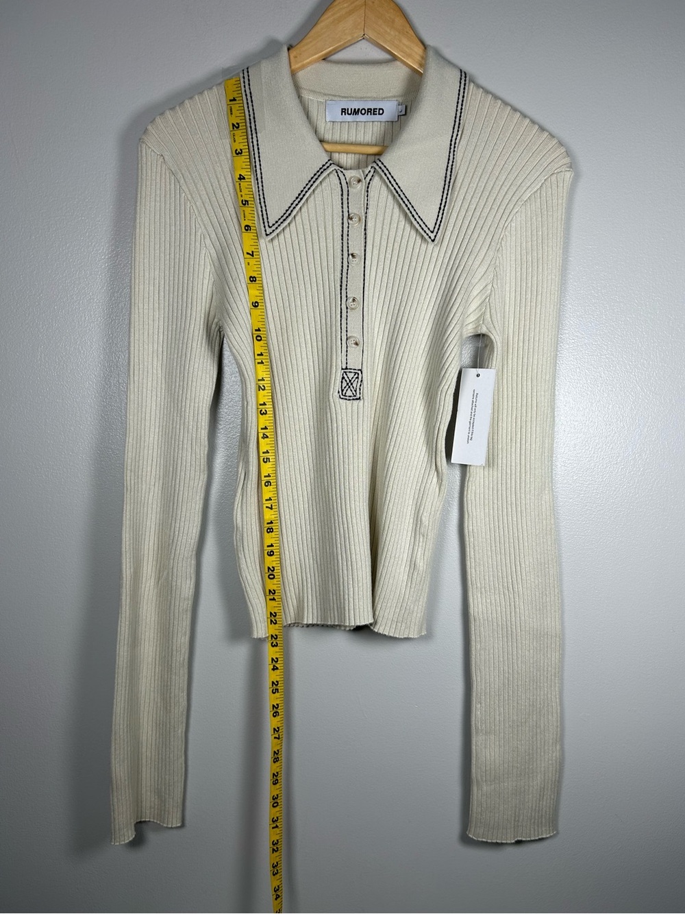 Rumored Ribbed Long Sleeve Polo Sweater Knit Top Cream Contrast Stitch - Picture 11 of 12
